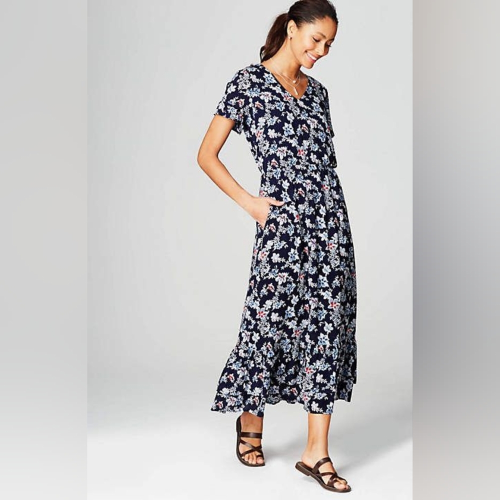 J. Jill New With Tags Women's Blue Floral V Neck Short Sleeve Maxi Dress 4X